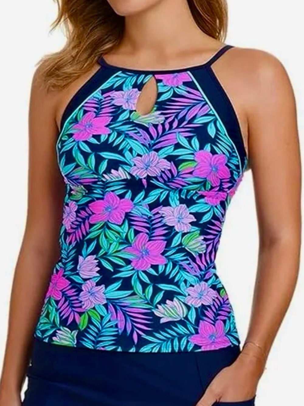 Ellen Tracy Navy and Tropical Floral Tankini Top Size M NWT